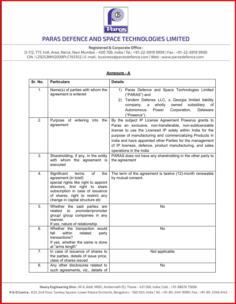 Annexure A of the Paras Defence filing listing the parties, purpose and 12-month renewable term of the India licence.