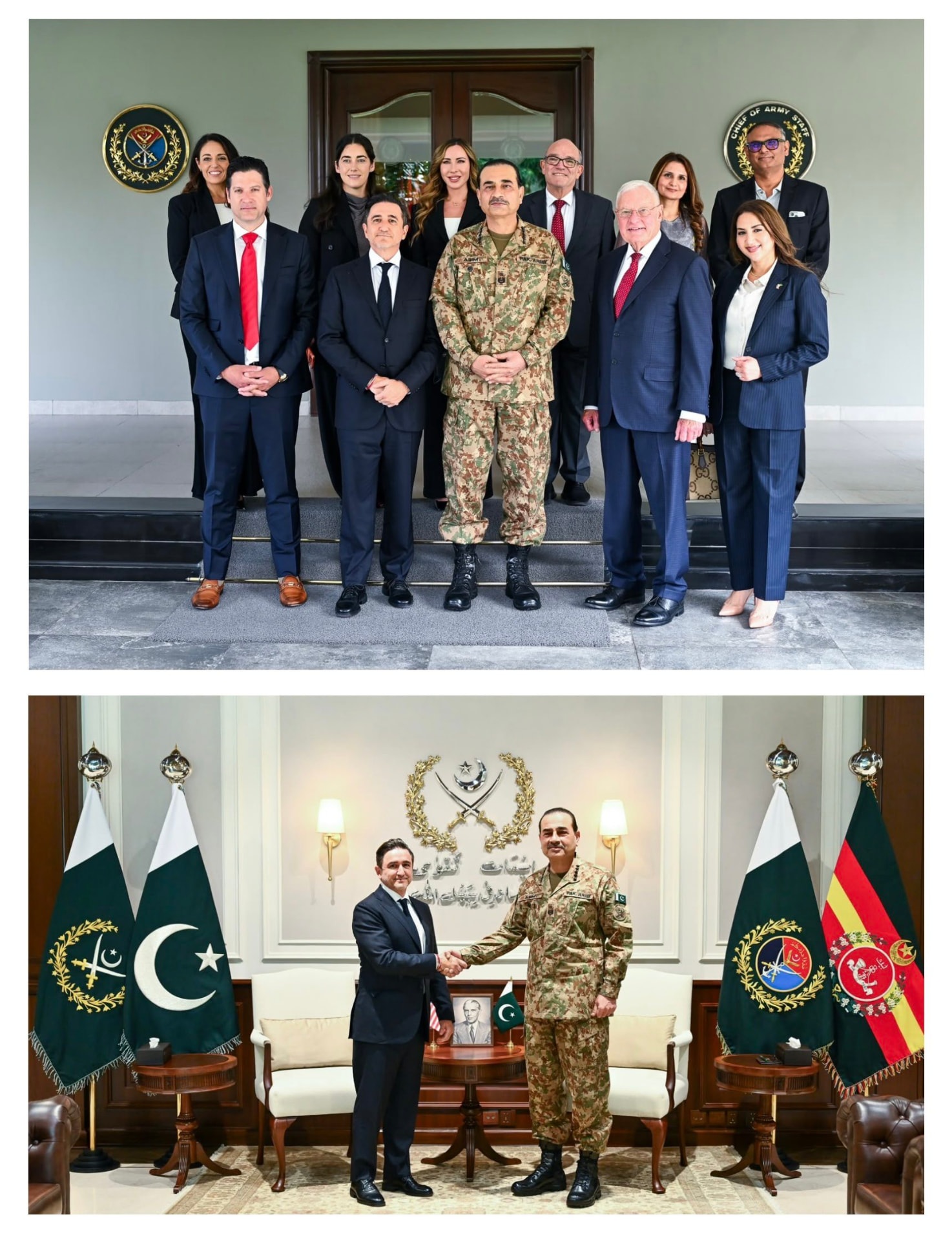 Composite of the Powerus delegation with Pakistan Army leadership, including a group photograph and a handshake meeting scene.