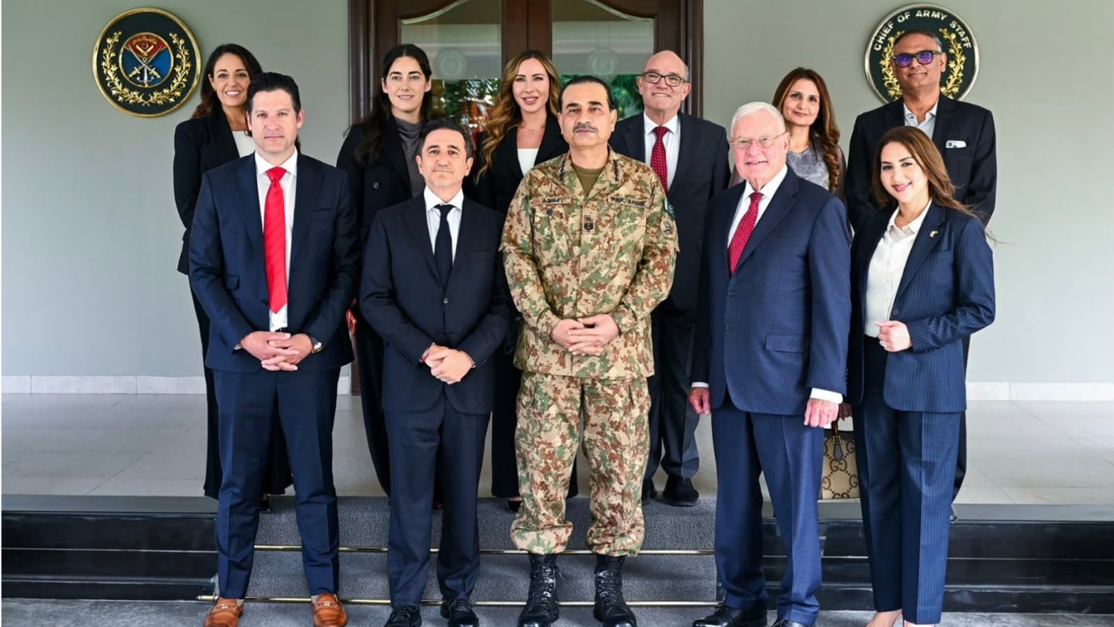 Composite of the Powerus delegation with Pakistan Army leadership, including a group photograph and a handshake meeting scene.