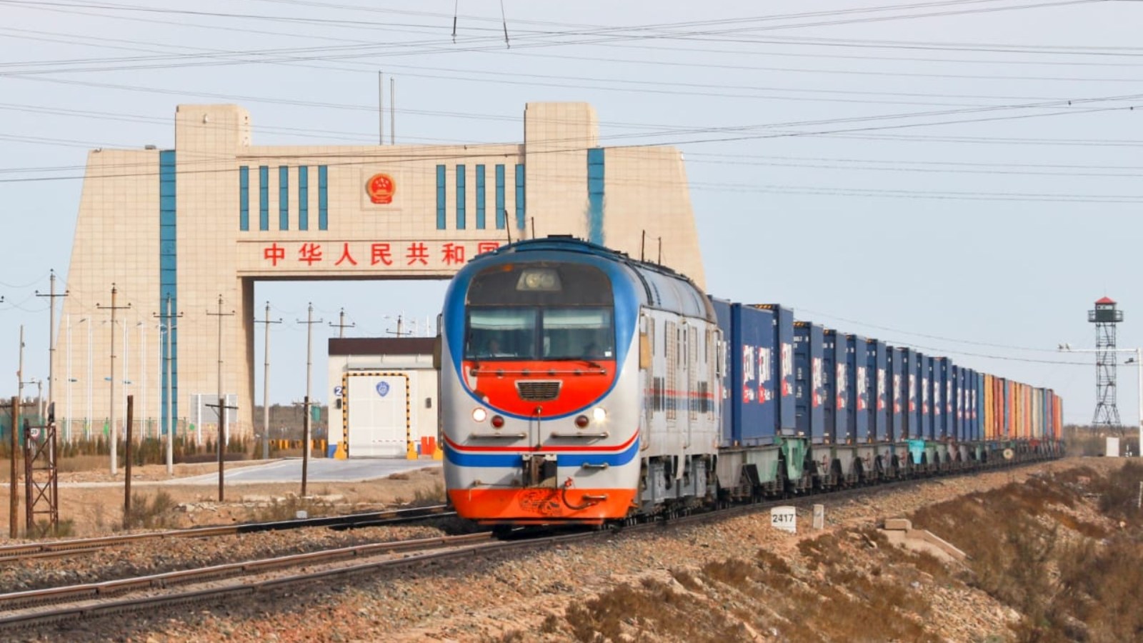 A CKD9C diesel locomotive hauling a freight train at Alashankou station in China near the Kazakhstan border.