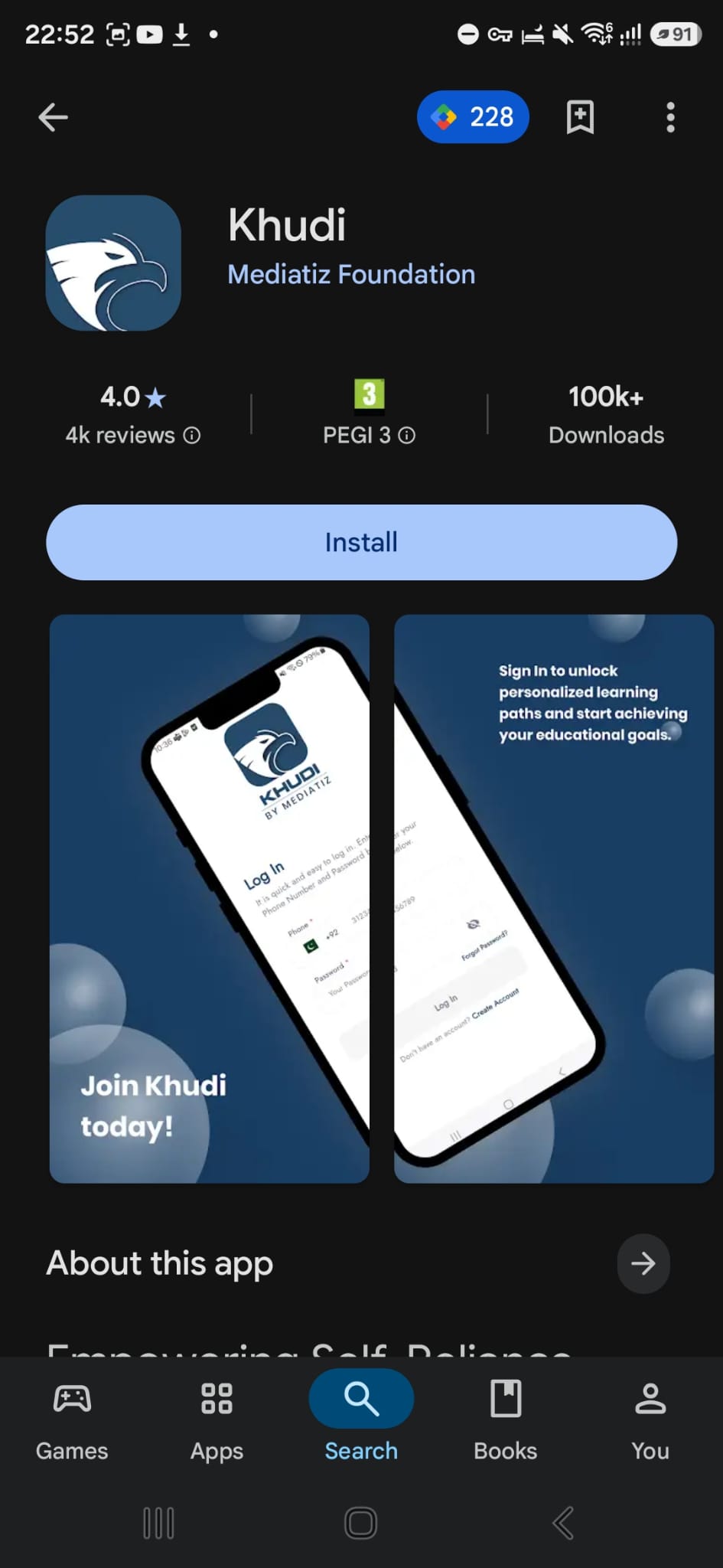 Google Play listing for Khudi by Mediatiz Foundation showing the app name, rating and more than 100,000 downloads.