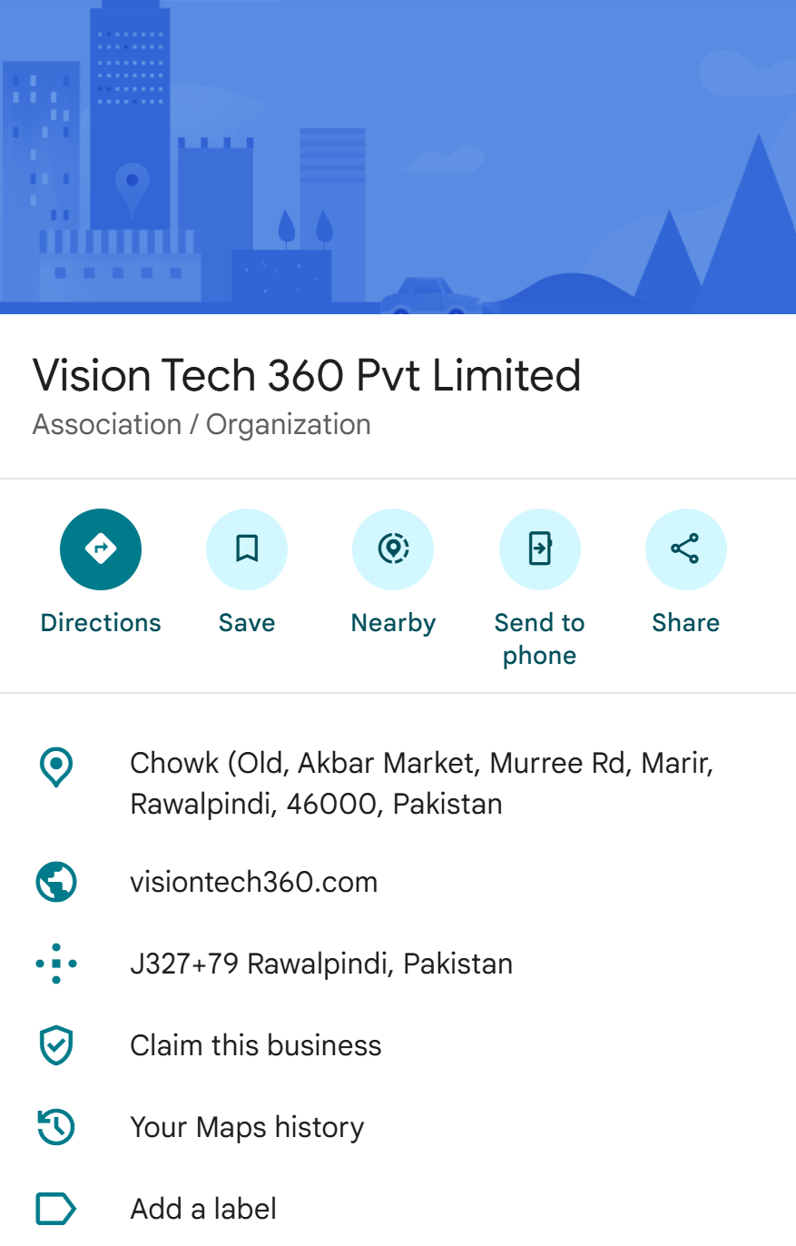 Google Maps listing for Vision Tech 360 Pvt Limited in Rawalpindi, Pakistan.