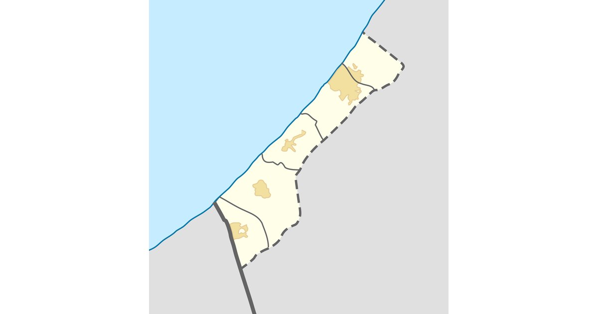 Location map of the Gaza Strip showing the enclave's outline, built-up areas and surrounding boundary.