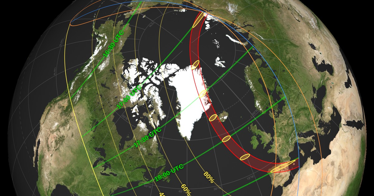 NASA map showing the 12 August 2026 total solar eclipse path across Greenland, Iceland and Spain, with surrounding partial-eclipse zones.