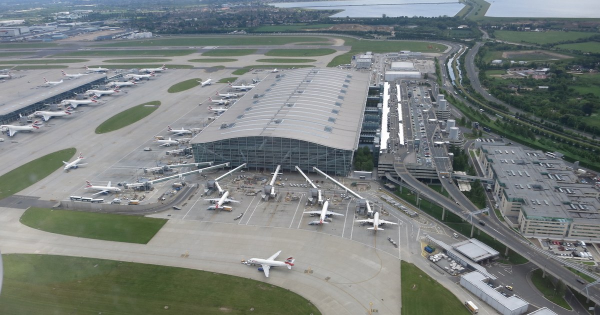 Aerial view of Heathrow Terminal 5 and surrounding airport infrastructure.
