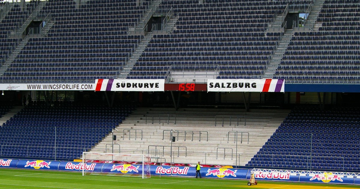 Wide interior view of the stands at the football stadium in Salzburg.