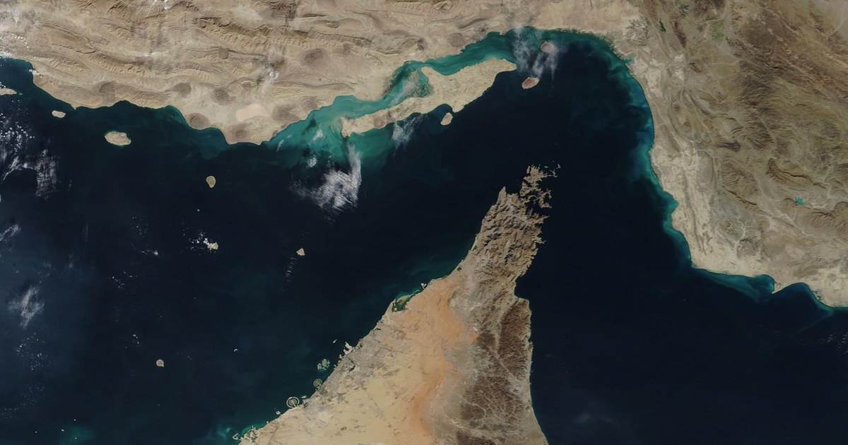 Satellite view of the Strait of Hormuz between Iran and the Arabian Peninsula.
