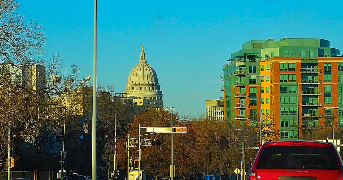 The dome and exterior of the Wisconsin State Capitol building in Madison.