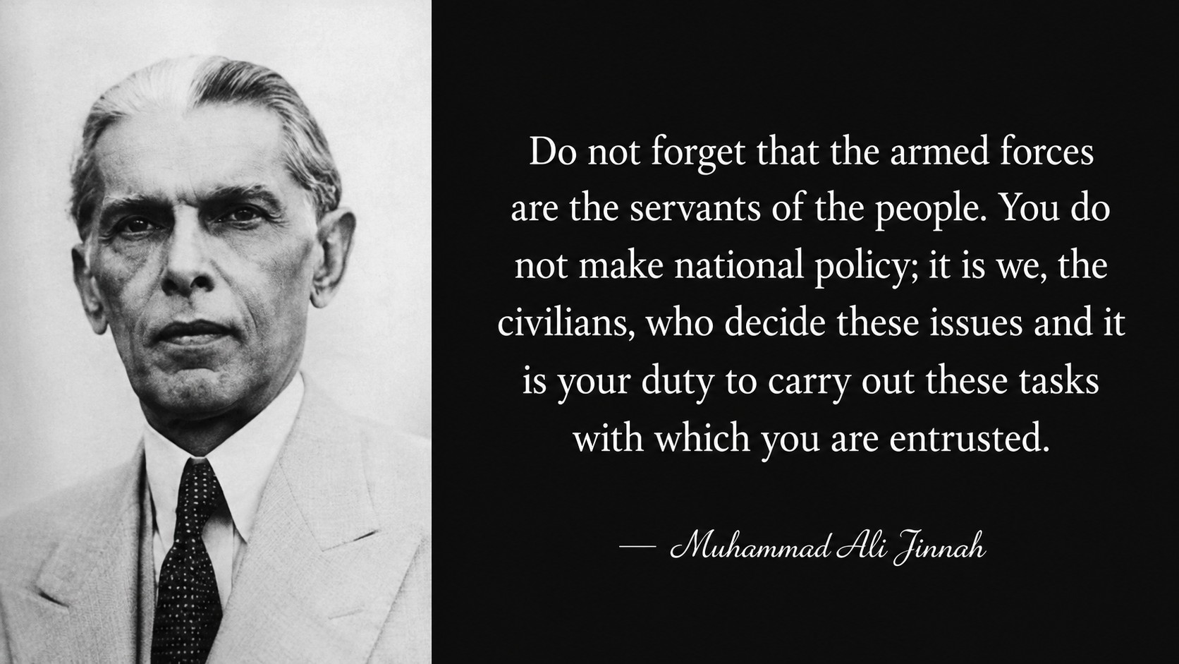 Portrait of Muhammad Ali Jinnah next to a quote on a black background.