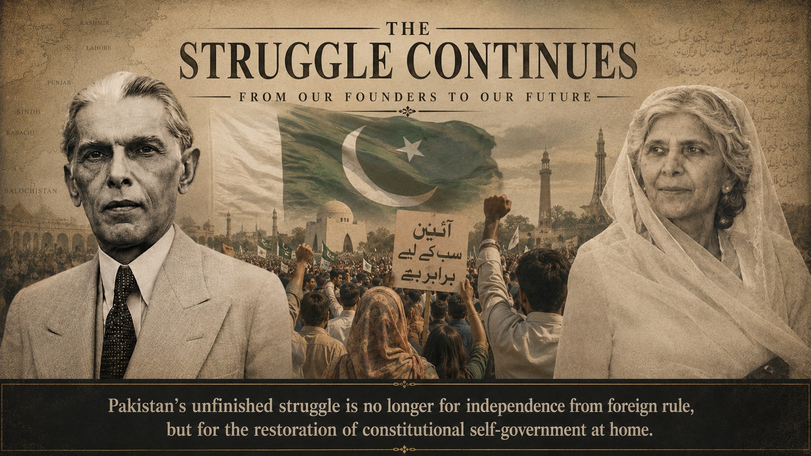 A historical montage featuring portraits of Muhammad Ali Jinnah and Fatima Jinnah, a crowd waving the Pakistani flag, and text reading "The struggle continues: from our founders to our future".