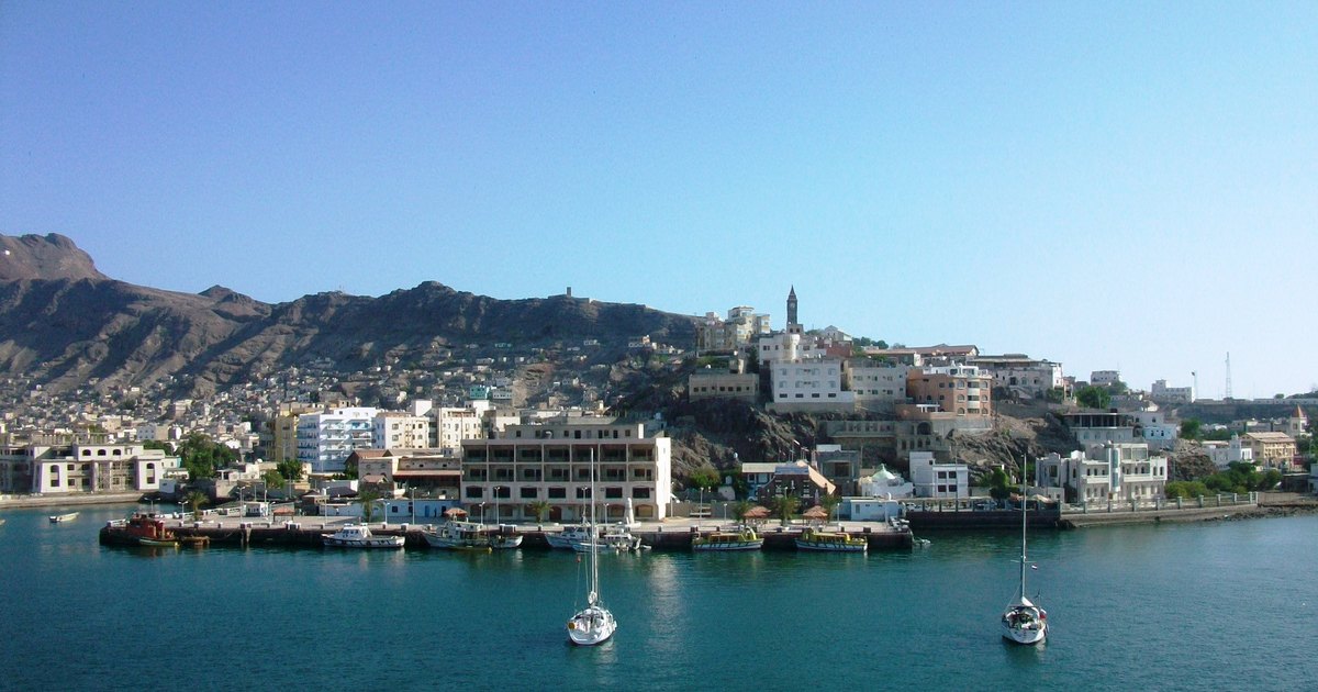 The port of Aden on Yemen's southern coast, with vessels alongside the quay.