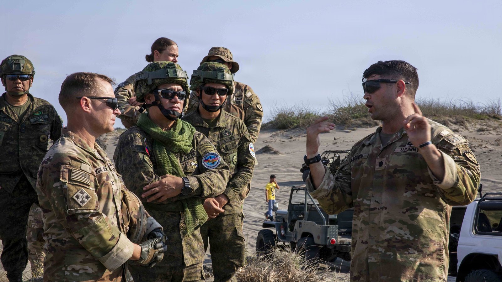 U.S. soldiers meeting members of the Armed Forces of the Philippines during a joint training exercise.