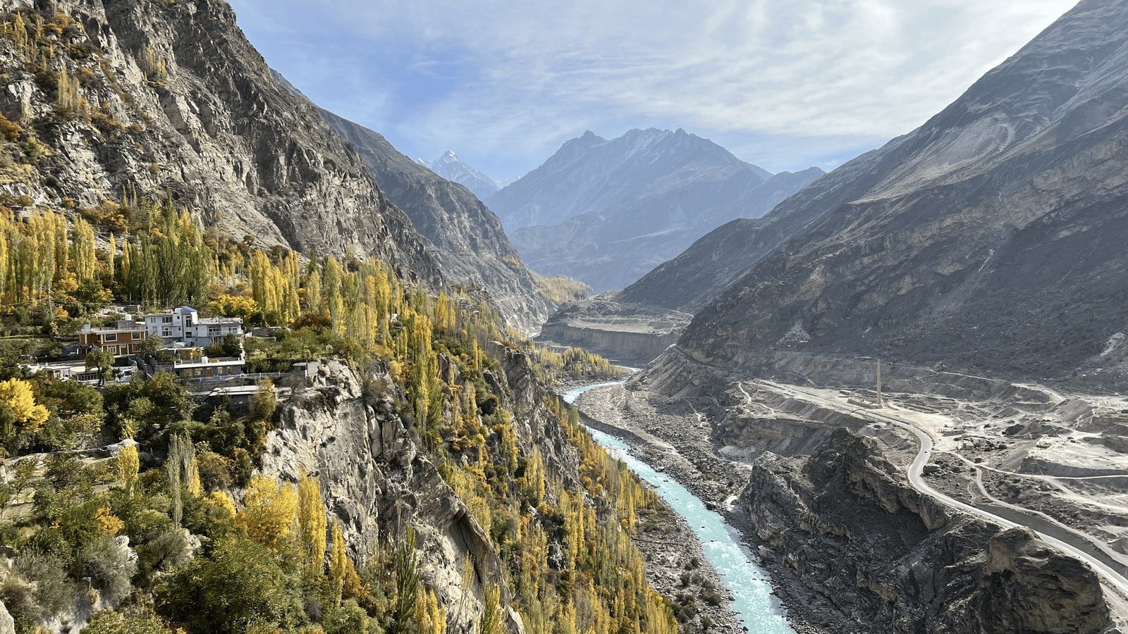 The Indus River flows through a mountainous landscape in Pakistan.