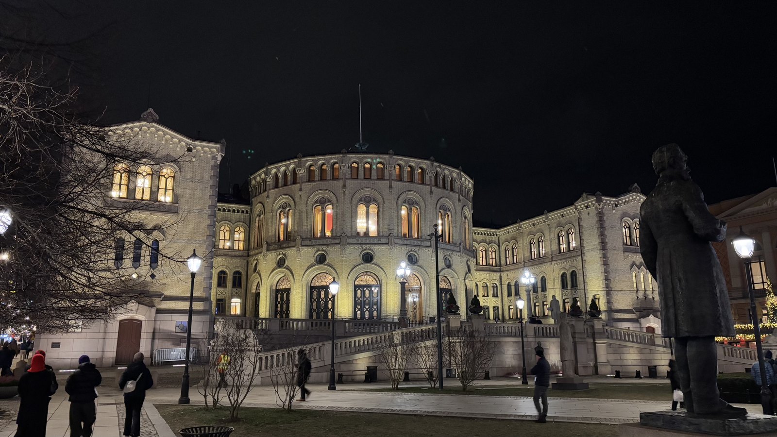 The Storting, Norway’s parliament building in Oslo, lit in the evening.