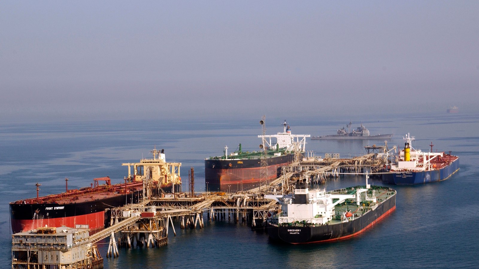 Oil tankers loading at the Al Basra Oil Terminal in the northern Persian Gulf.
