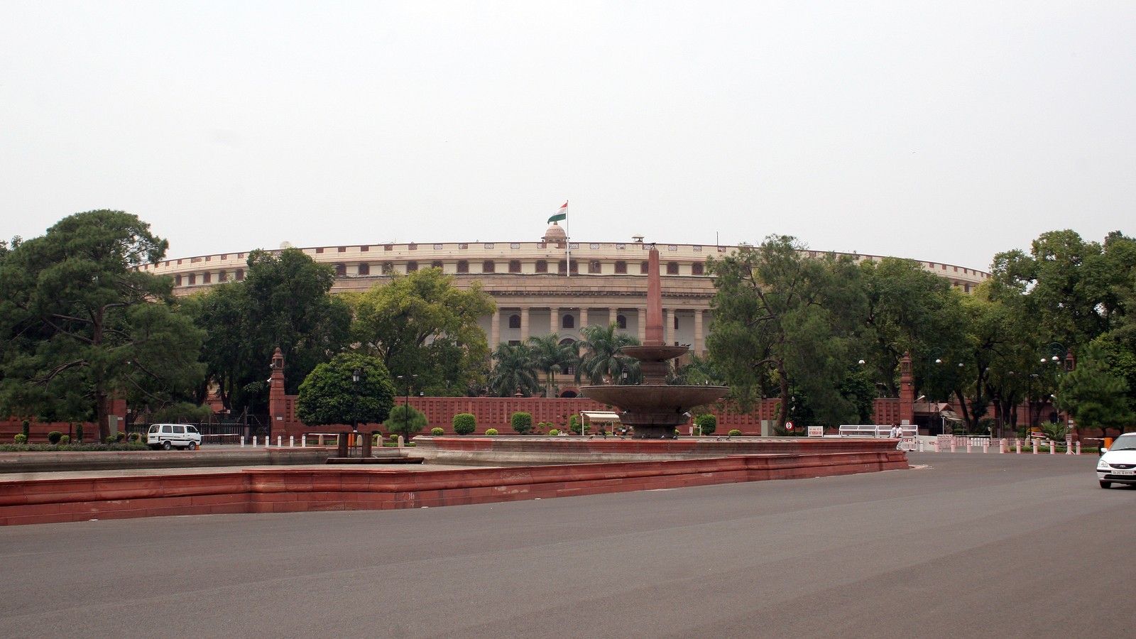 Sansad Bhavan, the Parliament of India in New Delhi, shown in a wide exterior view.