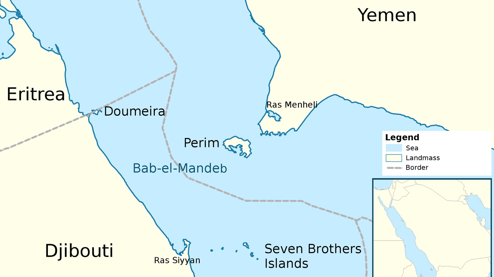 A map showing the Red Sea and the Bab el-Mandeb strait between Yemen and Djibouti.