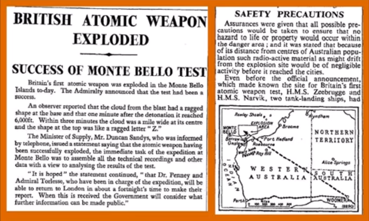 Historical press coverage of Britain's first atomic test at Monte Bello.