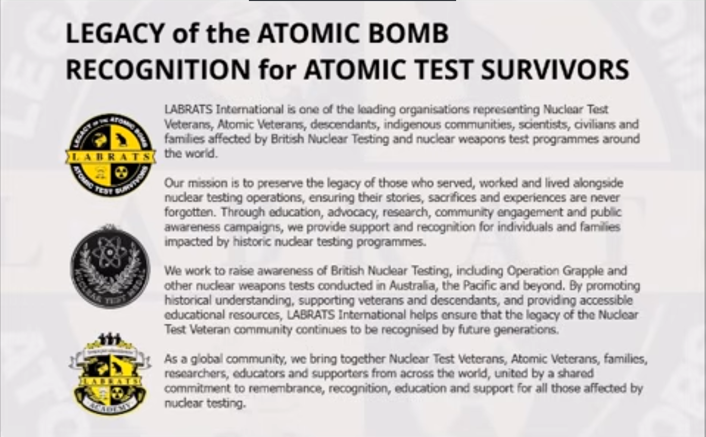 LABRATS International campaign explainer about nuclear test veterans.