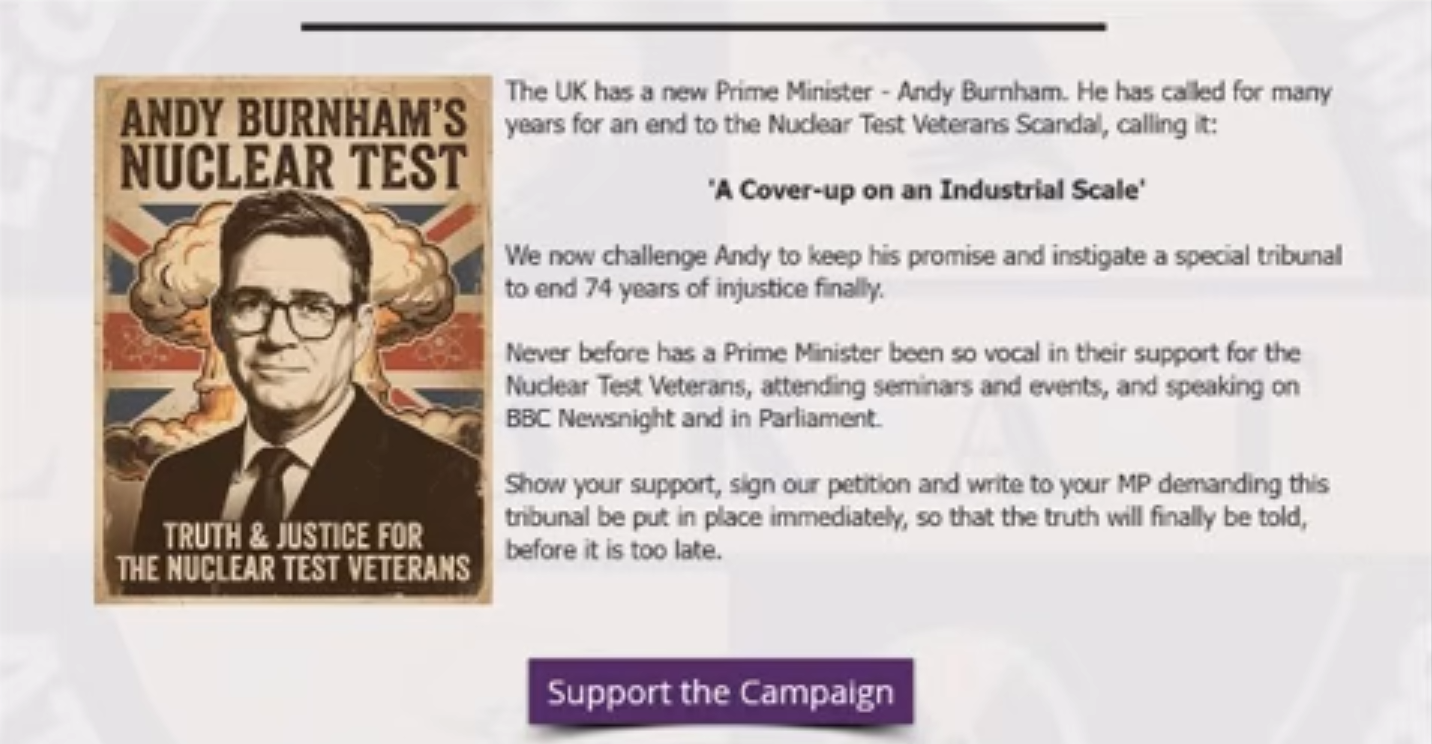 LABRATS campaign graphic calling for a special tribunal for nuclear test veterans.
