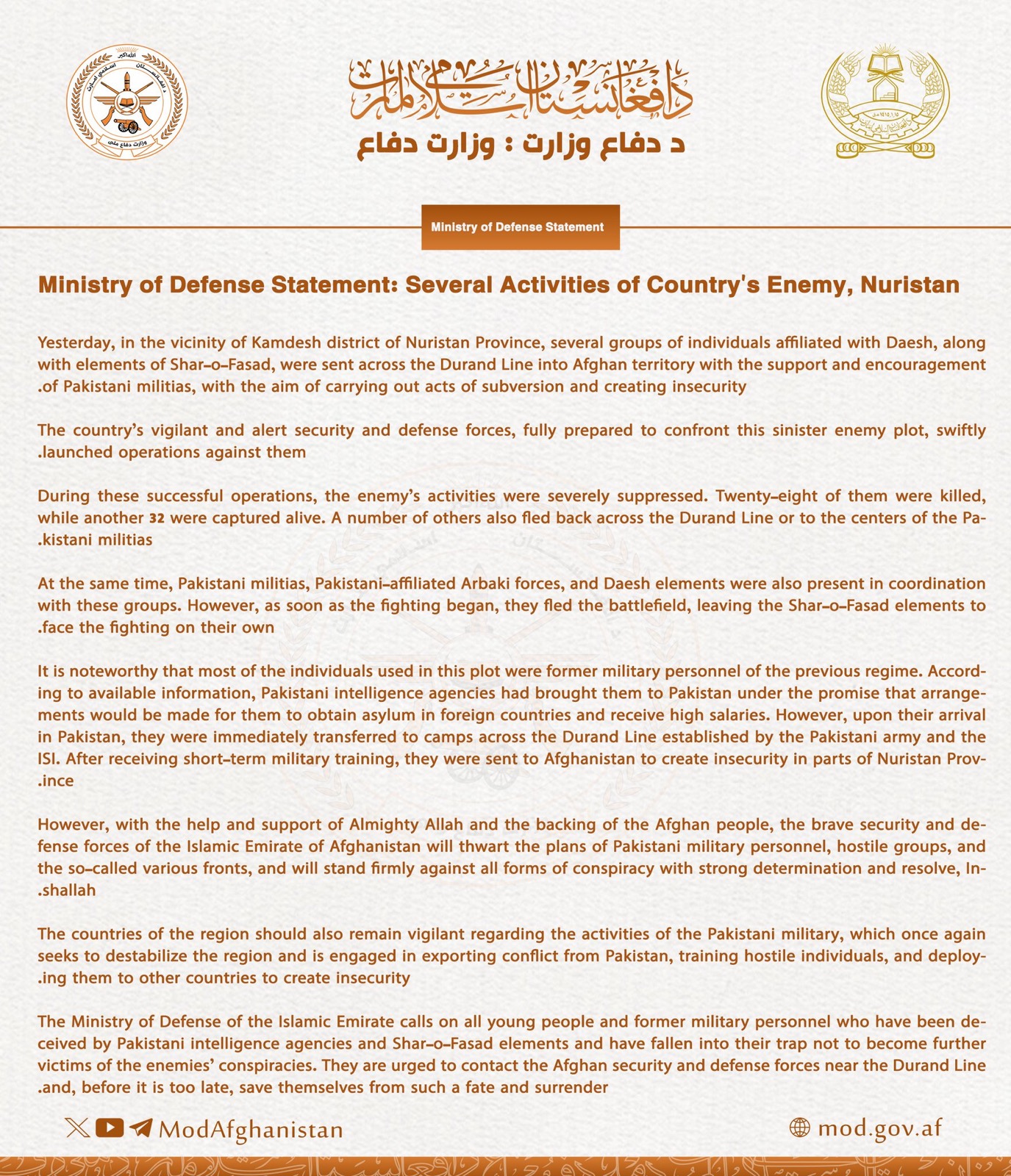 English Afghan Ministry of Defence statement headed Several Activities of Country's Enemy, Nuristan