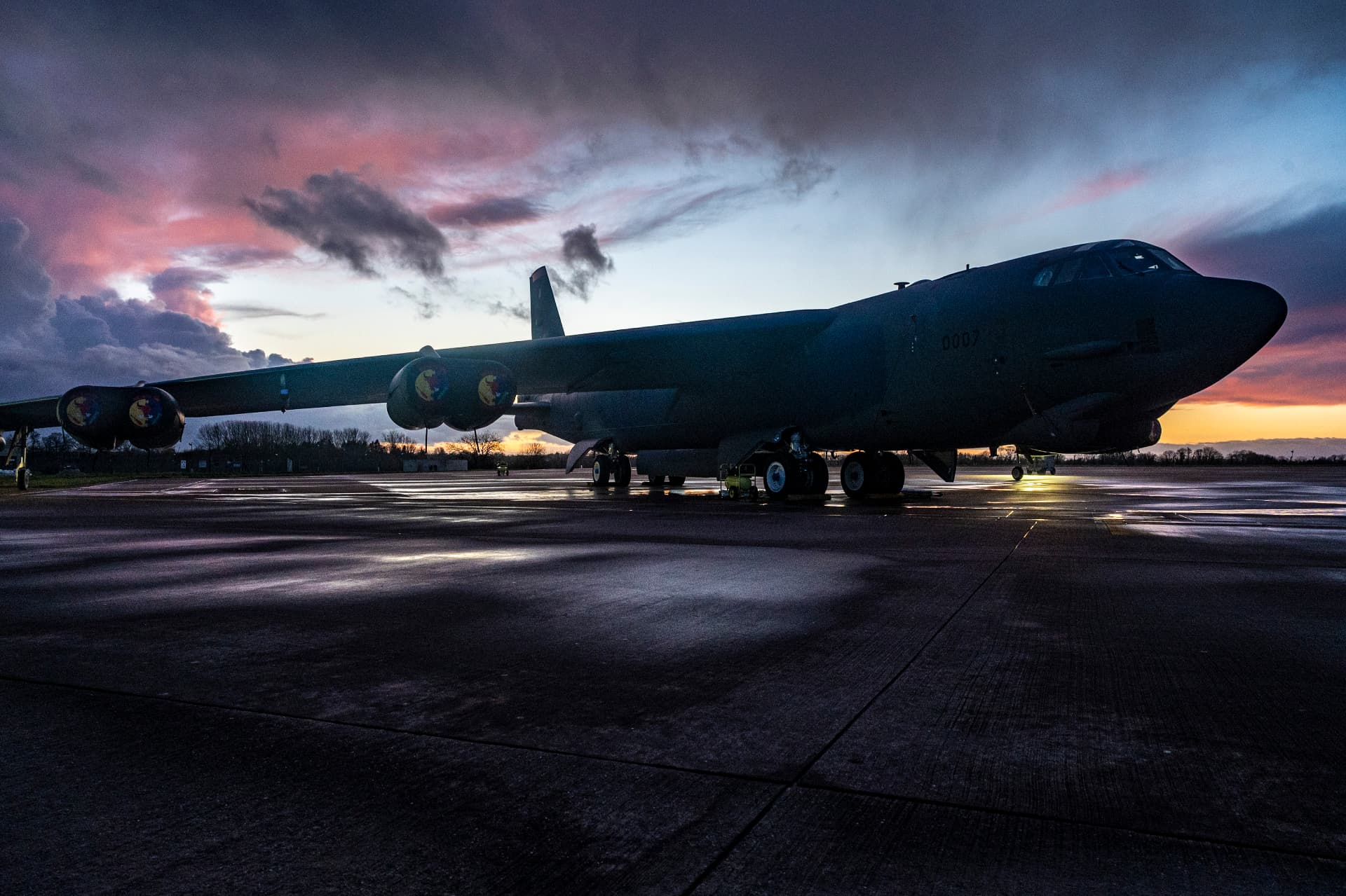 B-52 bomber silhouetted against the evening sky at RAF Fairford