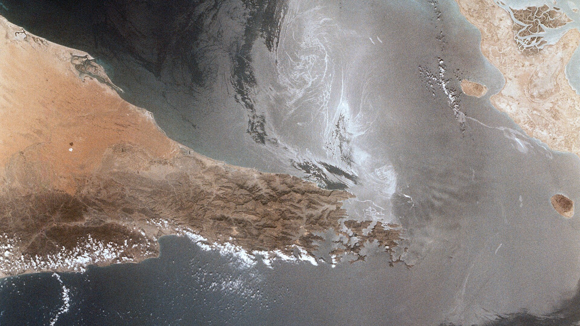 Aerial view of the Strait of Hormuz between Iran and Oman