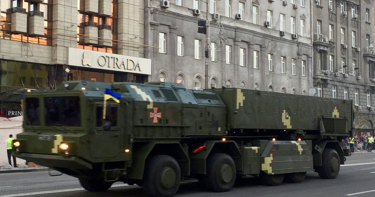 Ukrainian mobile short range missile system displayed during a Kyiv parade rehearsal