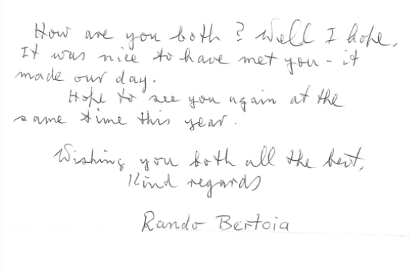 The second page of Rando Bertoia’s handwritten letter, closing with his warm wishes and signature
