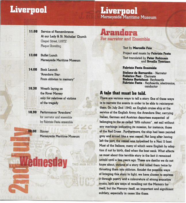 A Liverpool remembrance programme marking the Arandora Star tragedy, including a service of remembrance, plaque unveiling and commemorative performance at Merseyside Maritime Museum.