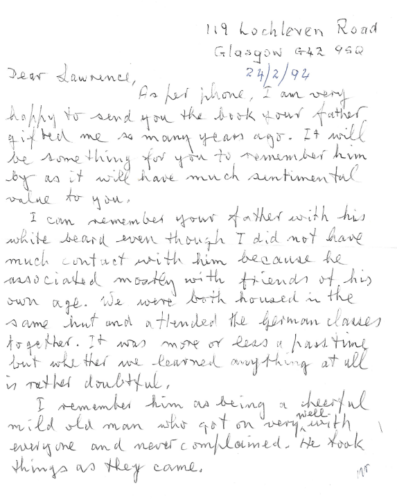 A handwritten letter from Arandora Star survivor Rando Bertoia, recalling Emilio Rossi as a cheerful and mild man who “got on well with everyone” and “never complained”.