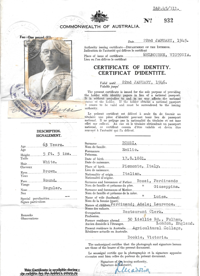 Emilio Rossi’s Commonwealth of Australia Certificate of Identity, issued in Melbourne on 22 January 1945, after his deportation from Britain and years of wartime internment in Australia.