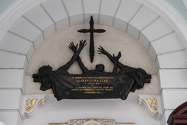 The Arandora Star memorial at the entrance to St Peter’s Italian Church in Holborn, London, commemorating those who drowned after the ship was torpedoed in July 1940.