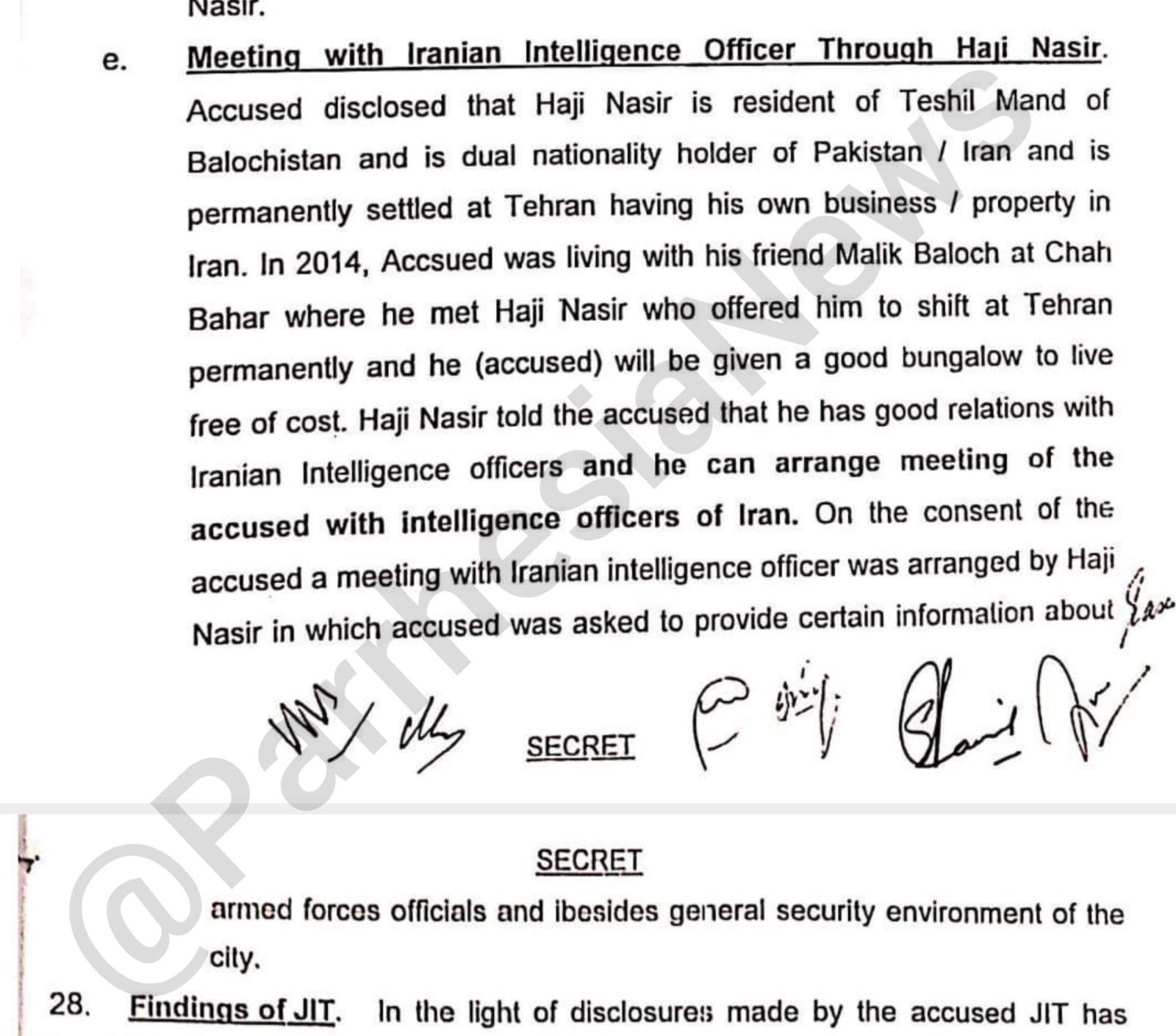 Leaked JIT document extract showing a section titled “Meeting with Iranian Intelligence Officer Through Haji Nasir,” with text referring to alleged Iranian intelligence contacts.