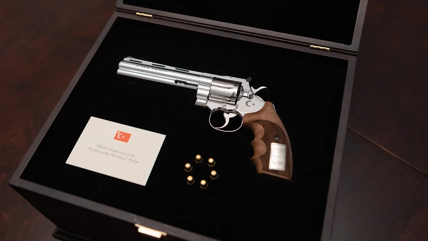 revolver offered by Turkish President Recep Tayyip Erdogan to Lithuanian President Gitanas Nauseda, with the president's name engraved, including live rounds