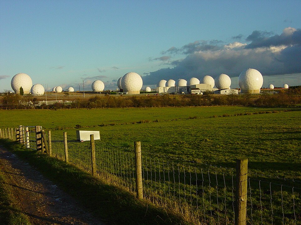 Radomes at RAF Menwith Hill in Yorkshire, used to illustrate an article about US military and intelligence infrastructure in Britain.