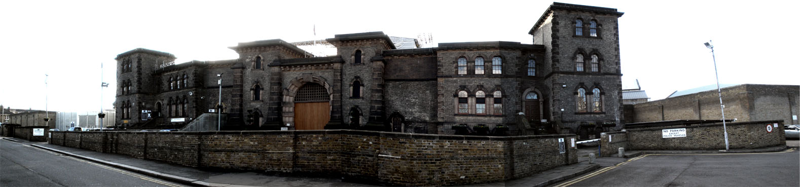 Panoramic exterior view of HMP Wandsworth in London.