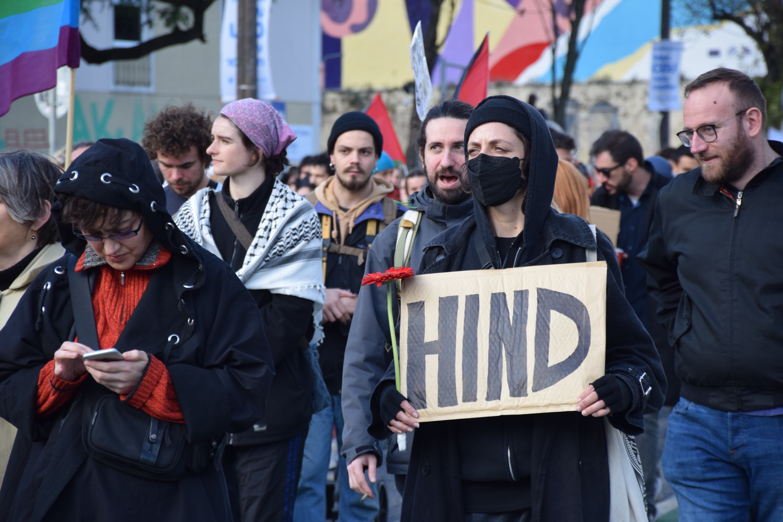 A demonstrator mourning Hind Rajab at a Palestine solidarity protest in Lisbon.