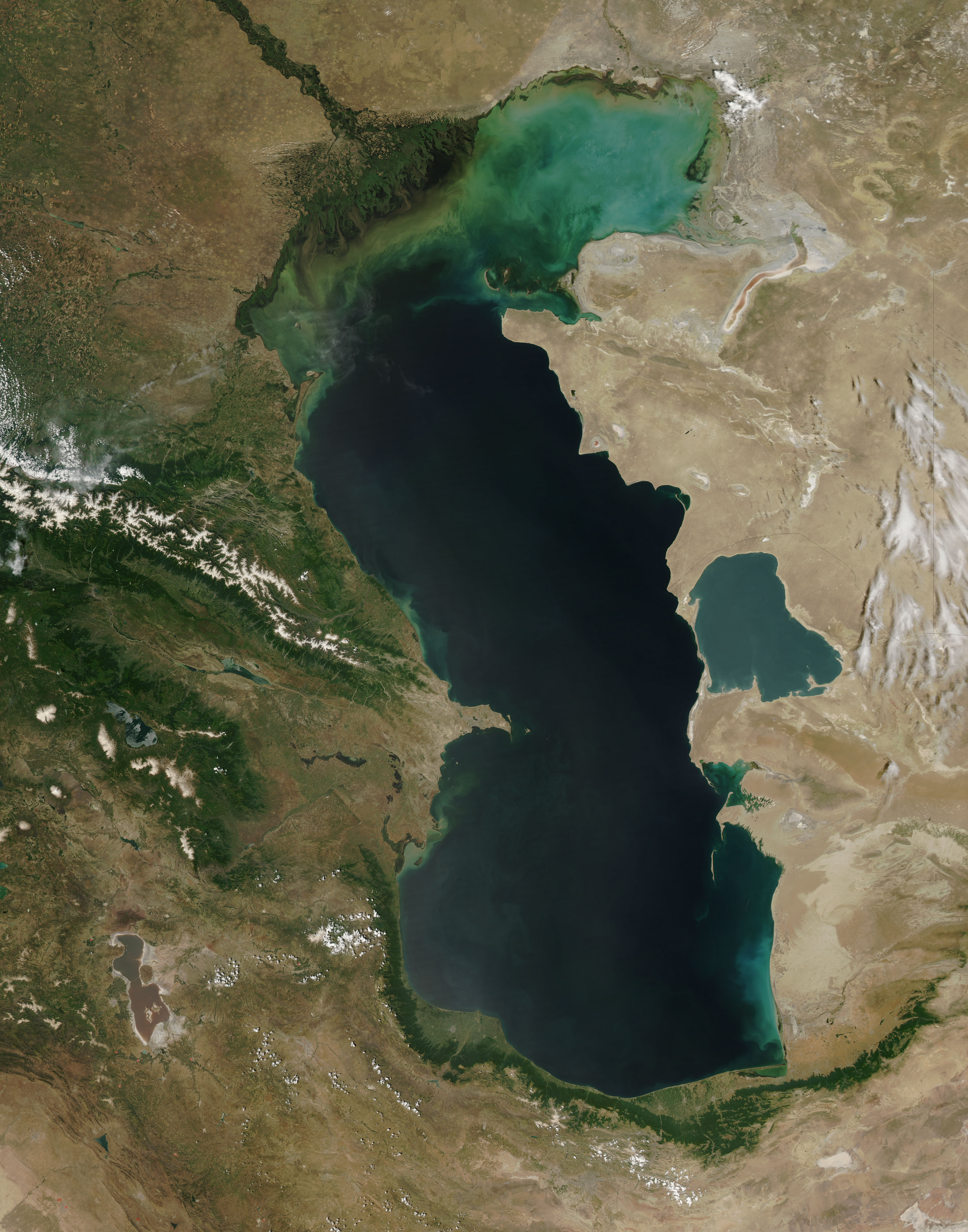 NASA satellite view of the Caspian Sea and surrounding land from orbit.