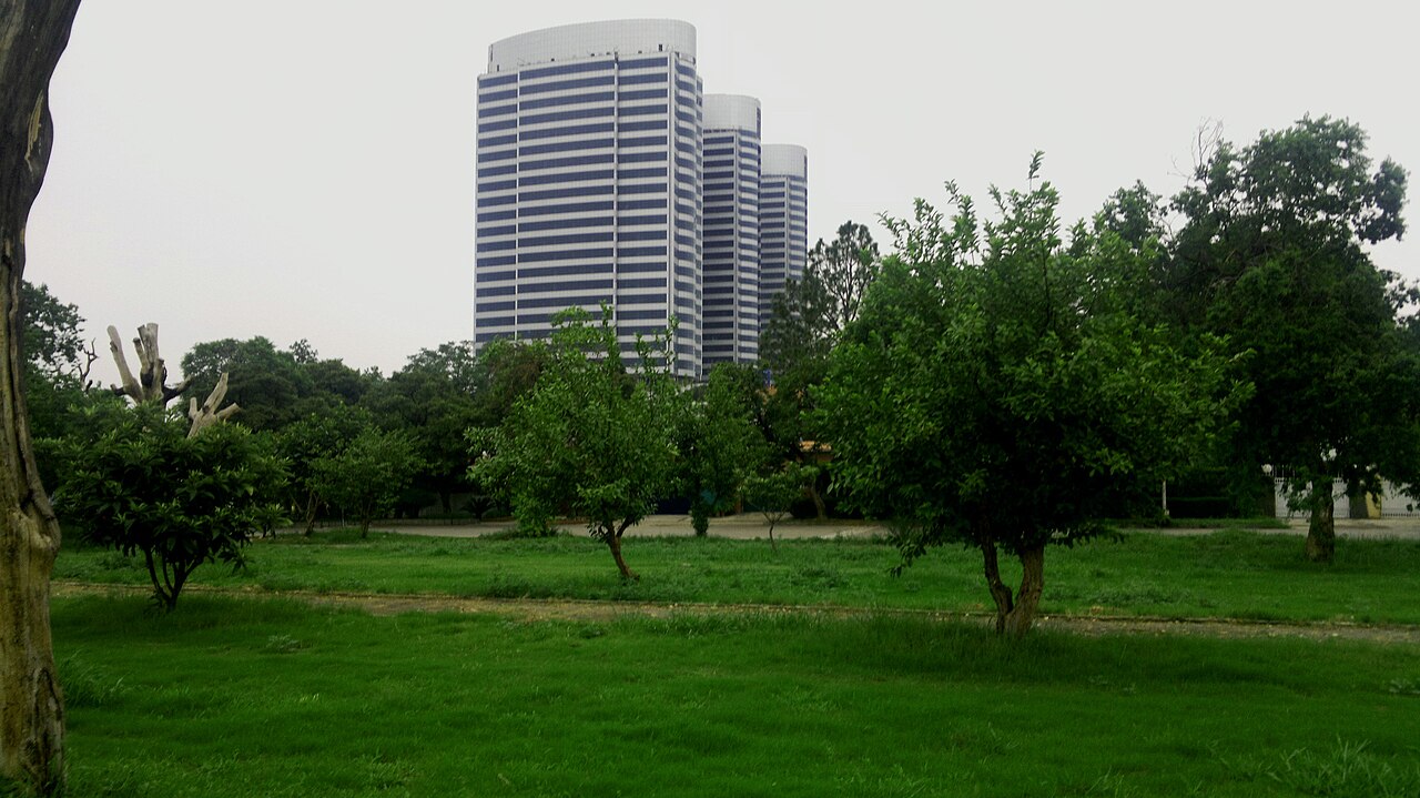 The Centaurus Mall towers in Islamabad, Pakistan, viewed beneath a clear sky.