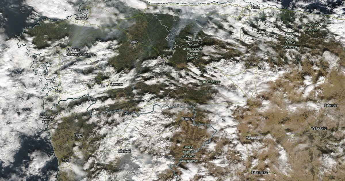 Satellite image showing broad plumes of wildfire smoke across Portugal and north-western Spain in 2017.