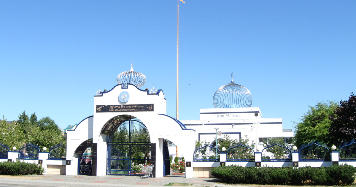 Exterior of the Guru Nanak Sikh Gurdwara in Surrey, British Columbia.