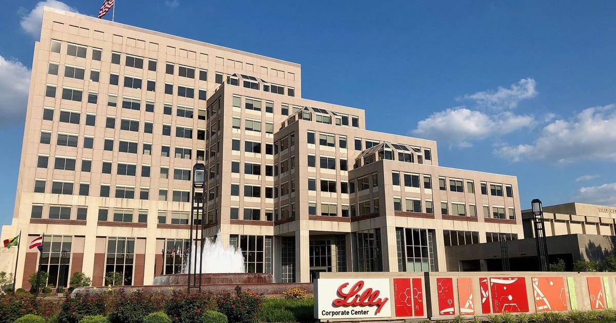Eli Lilly corporate headquarters buildings in Indianapolis, Indiana.