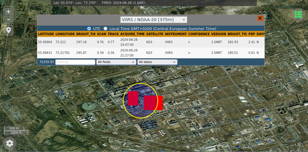 NASA FIRMS satellite map marks a detected fire at the Omsk oil refinery within a large industrial area.