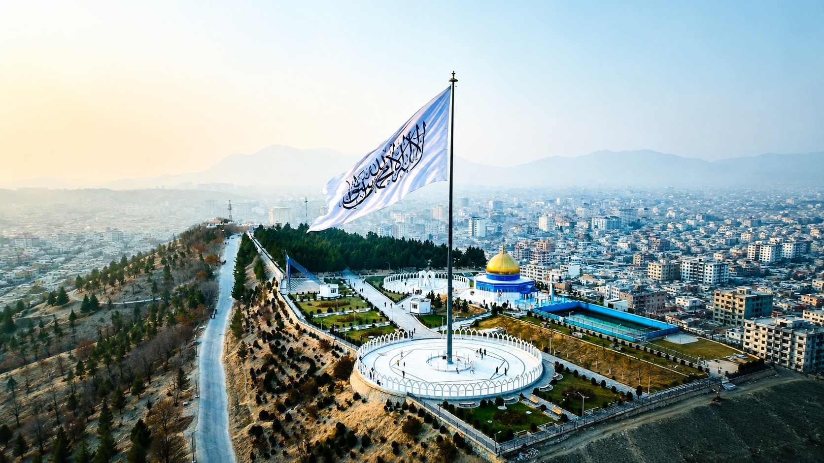 AI-generated illustration of the Afghan flag flying over Kabul under a cloudy sky.