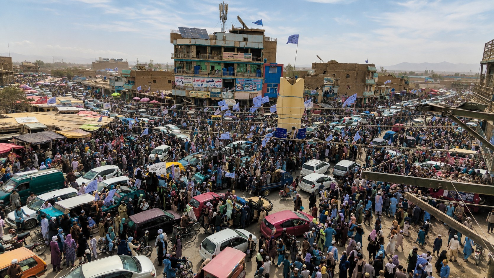 AI-generated illustration of people walking through a busy Kabul street.