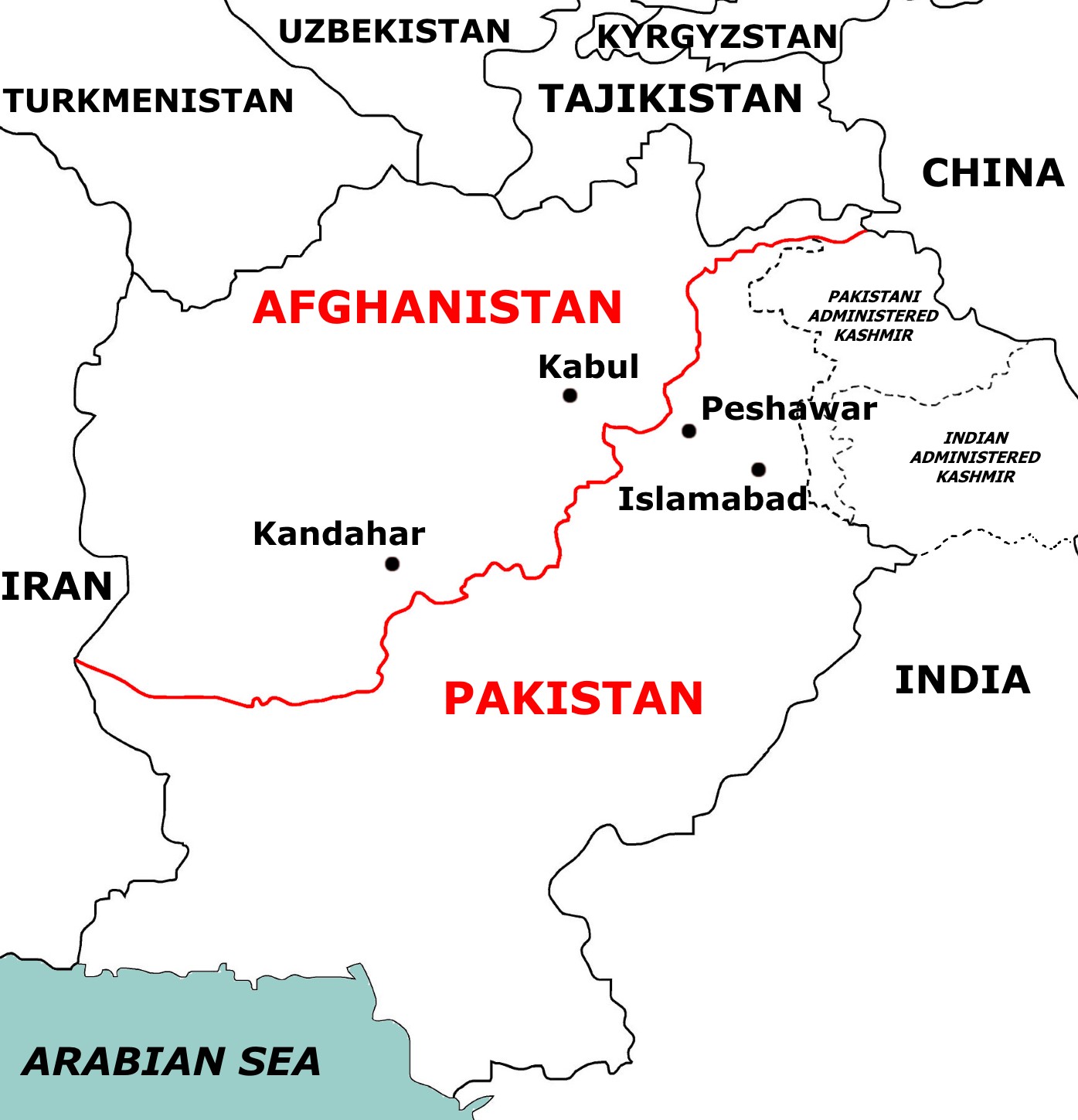 Geographical map showing Afghanistan, Pakistan, and surrounding countries