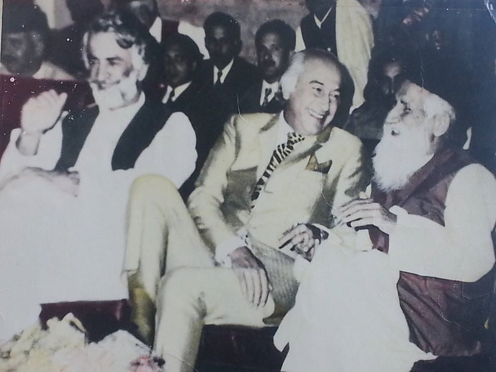 Historic photograph showing Nawab Akbar Bugti at right with Zulfikar Ali Bhutto and Sardar Muhammad Amin Khan Khoso.