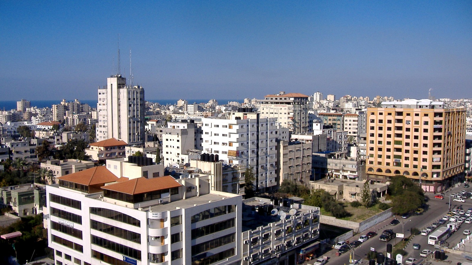 Gaza City buildings viewed from above, with dense urban development visible.