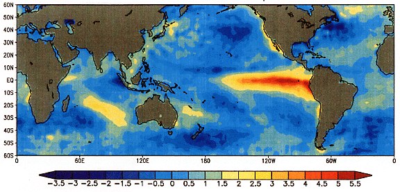 Map showing abnormal ocean surface temperatures during the 1997 El Niño.